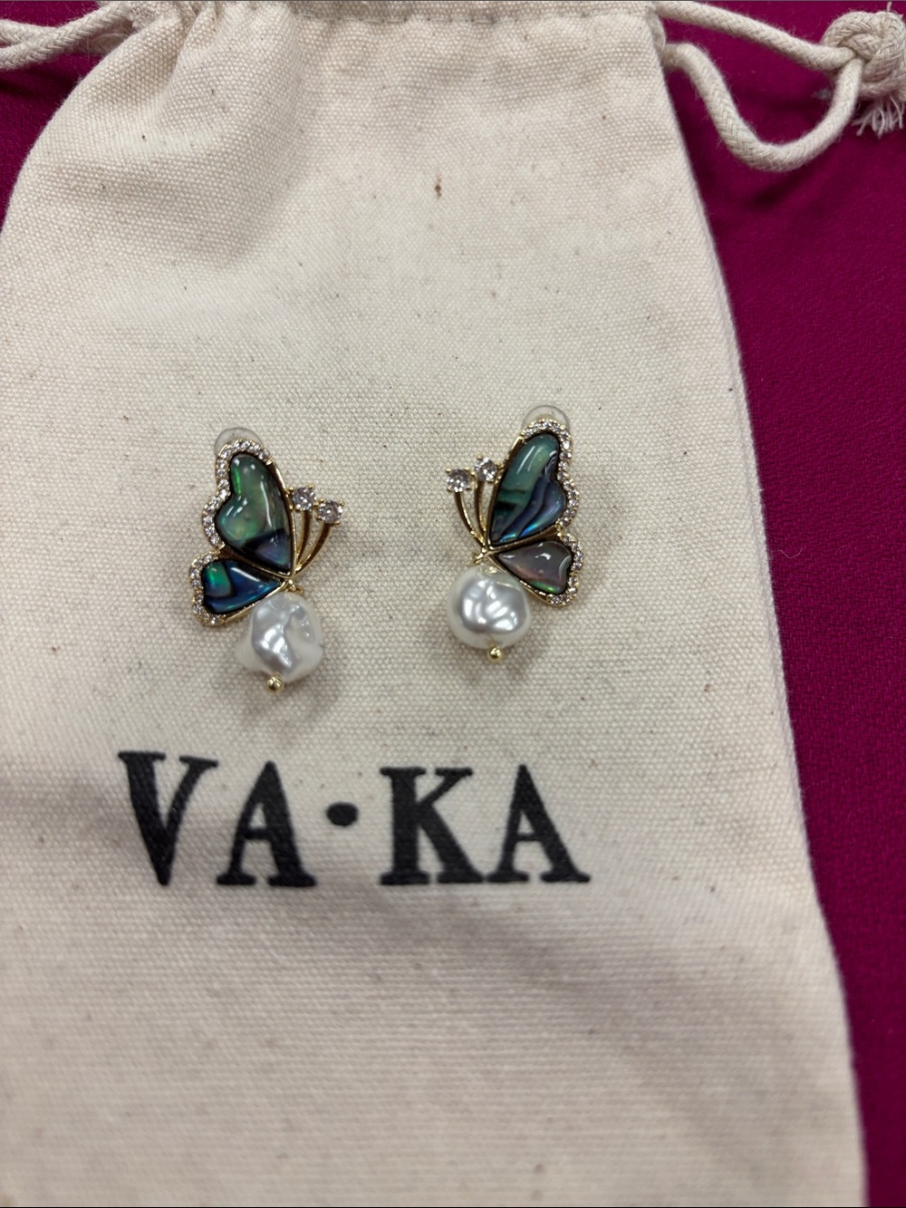 VA•KA Iridescent Abalone Butterfly Pearl Drop Earrings - Gold Accents